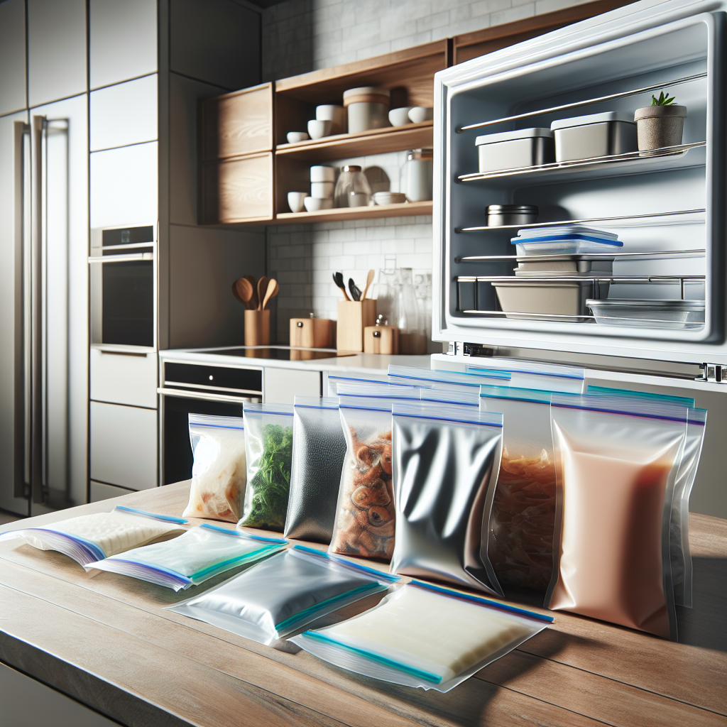 Nærbilde av ulike typer fryseposer (glidelås, vakuum og silikon) organisert på et kjøkkenbord ved en åpen fryseboks, moderne og rent design, naturlig lys